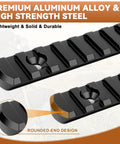 Close-up of Aluminum Single Sided Picatinny Rail System in 3 5 7 9 11 and 13 slot sizes with rounded-end design.