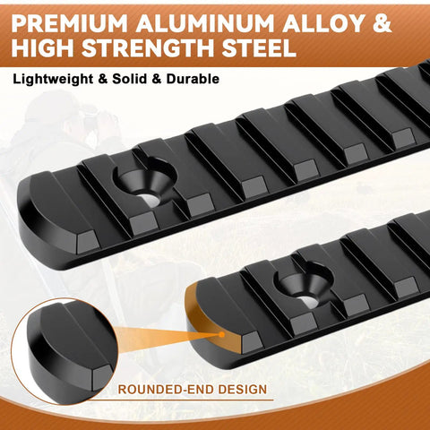 Close-up of Aluminum Single Sided Picatinny Rail System in 3 5 7 9 11 and 13 slot sizes with rounded-end design.