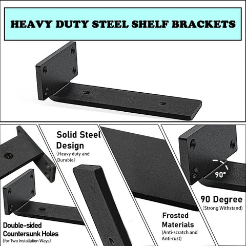 Beefy Heavy Duty Floating Shelf Brackets Set 0.2 Inch Thick Industrial Black Steel L Brackets Premium Solid Shelf Supports