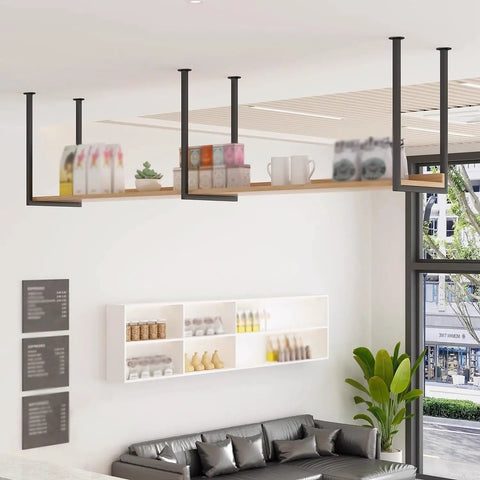 Solid As A Rock Heavy Duty Floating Shelf Bracket With Ceiling Mount And Screws For Kitchen Or Bar Wrought Iron Industrial Pipe Style holds a wooden shelf with decorative items.