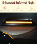 Beefy Two Pack Heavy Duty Rubber Wheel Stops For Garage Parking illuminated at night, showing high visibility reflective strip.