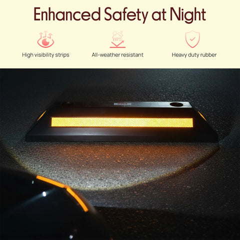 Beefy Two Pack Heavy Duty Rubber Wheel Stops For Garage Parking illuminated at night, showing high visibility reflective strip.