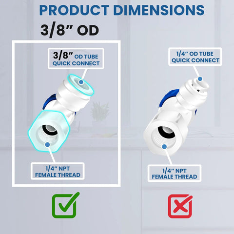 Tank Ball Valve With Gasket For Water Purification And Reverse Osmosis Systems dimensions showing 3/8 inch OD quick connect fitting