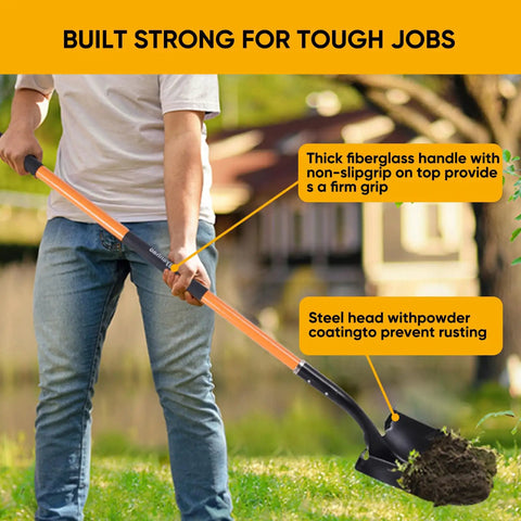 Heavy Duty Garden Shovel With 58 Inch Long Handle Round Point Steel Blade And Powder Coated Finish Orange Fiberglass Handle For Superior Leverage Back Saving Digging Workhorse For Tough Soil And Dense Dirt in use by person.