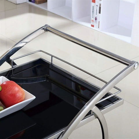 Rustic Industrial Kitchen Wine Storage Cart With Heavy Duty Steel Frame Super Smooth Swivel Casters And Wide Glass Shelves holding apples on glass top.