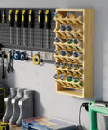 Wall Mounted 24 Can Spray Paint Holder, 6 Tier Wooden Aerosol Organizer Rack for lubricants and oils in a garage setting