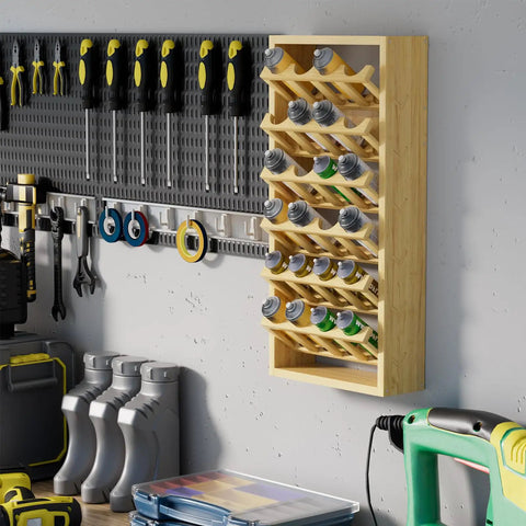 Wall Mounted 24 Can Spray Paint Holder, 6 Tier Wooden Aerosol Organizer Rack for lubricants and oils in a garage setting
