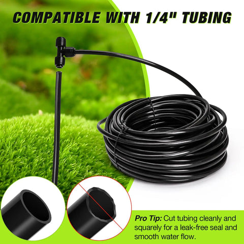 Push To Connect 1/4 Inch Tee Irrigation Fittings with coiled black tubing on grass background