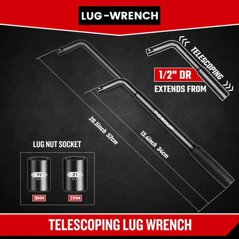 Telescoping Lug Wrench Set With 19mm And 21mm CR-V Steel Sockets, Extended Lug Nut Removal Tool For Cars, Trucks And Vans
