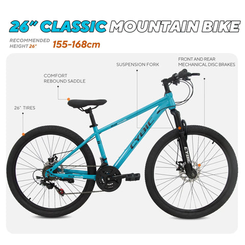 26 Inch Mountain Bike With 21 Speed Drivetrain Dual Disc Brakes And Front Suspension Fork, high-carbon steel frame and comfort saddle visible