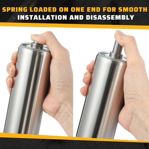 Hands holding 10 Pcs Galvanized Steel Conveyor Rollers Set, spring-loaded end for easy install, 16 Inch Length, 2 Inch Diameter.