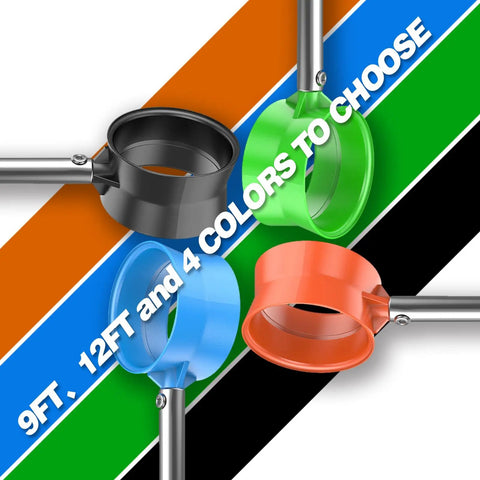 Four telescopic stainless steel golf ball retrievers with double-sided cups, 9Ft and 12Ft, in black, green, blue, and orange.