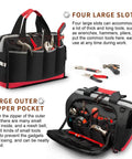 Heavy Duty 16 Inch Wide Mouth Tool Bag With 25 Pockets Waterproof 600D Polyester Organizer Built In Bottom Baffle in use