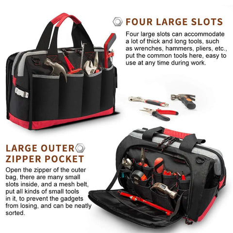 Heavy Duty 16 Inch Wide Mouth Tool Bag With 25 Pockets Waterproof 600D Polyester Organizer Built In Bottom Baffle in use