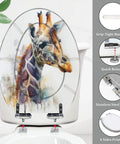 Elongated Toilet Seat for Bathroom with giraffe design, dimensions 14.5" x 18.5", featuring stainless steel hinge and grip-tight bumpers.