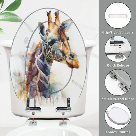 Elongated Toilet Seat for Bathroom with giraffe design, dimensions 14.5" x 18.5", featuring stainless steel hinge and grip-tight bumpers.