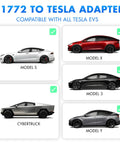 J1772 To Tesla Adapter Slick EV Charger Connector For Model 3 Y S X And Cybertruck, showcasing compatibility with all Tesla EVs.