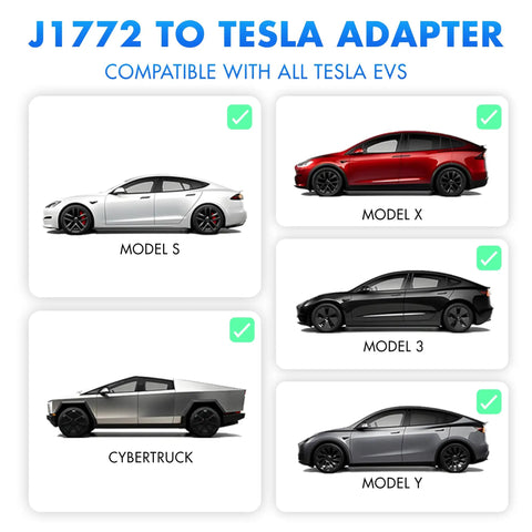 J1772 To Tesla Adapter Slick EV Charger Connector For Model 3 Y S X And Cybertruck, showcasing compatibility with all Tesla EVs.