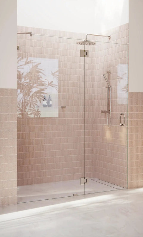 Frameless Shower Door Hinge With Enduroshield Glass Coating, Polished Brass Finish, Heavy Duty Pivot Hardware For 78 Inch By 60.5 Inch Shower Enclosures, No Fuss Install, Durable Glass Door Hardware, Sleek Modern Look on clear glass door