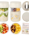 Two Pack Overnight Oats Jars With Lids And Folding Spoons Divided Compartments For Fruit And Nuts 16 Ounce Mason Style Glass Containers