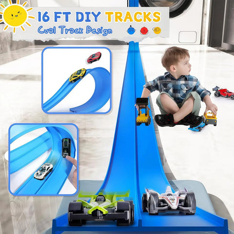 Flexible Race Track For Kids 16 Ft Bendable Car Ramp Track Set With 16 Suction Cups displayed with child and toy cars on track