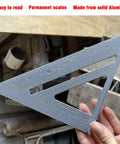 Aluminum Rafter Square 7 Inch With Double Sided Engraved Scales For Precise Carpentry And Woodworking, hand holding tool