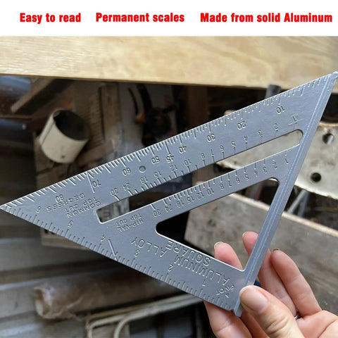 Aluminum Rafter Square 7 Inch With Double Sided Engraved Scales For Precise Carpentry And Woodworking, hand holding tool