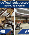 Before and after images showing insulation improved with Built Tough 4x180 Feet White Vapor Barrier Tape Heavy Duty Waterproof Crawlspace Sealant No Nonsense Moisture Shield For Insulation And Metal Building Joints Made In Usa One Roll.