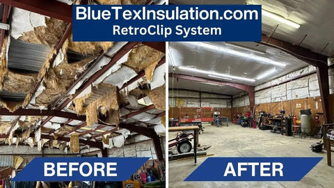 Before and after images showing insulation improved with Built Tough 4x180 Feet White Vapor Barrier Tape Heavy Duty Waterproof Crawlspace Sealant No Nonsense Moisture Shield For Insulation And Metal Building Joints Made In Usa One Roll.