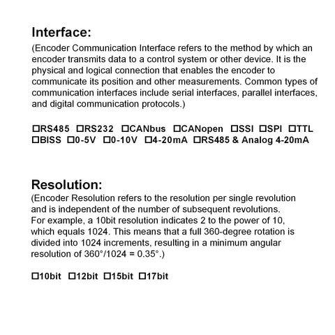 Information on encoder communication interfaces and resolution values with RS485, SSI, CAN, and analog options highlighted.