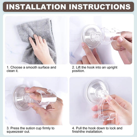 Installation instructions for Clear Suction Cup Razor Holder 2-Pack For Shower, showing step-by-step mounting on smooth surface.