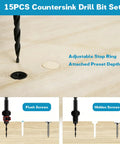 Badass 15 Piece Countersink Drill Bit Set For Woodworking DIY Crews Featuring Tapered Plug Cutters Depth Stop Rings And Screwdriver Bits To Ace Any Job With Zero Headaches And Sweet Results, showing drill bit in use on wood with depth ring.