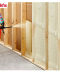Heavy Duty Class A Fire Rated Spray Foam Insulation Kit applied to wooden framework for gap filling and insulation.