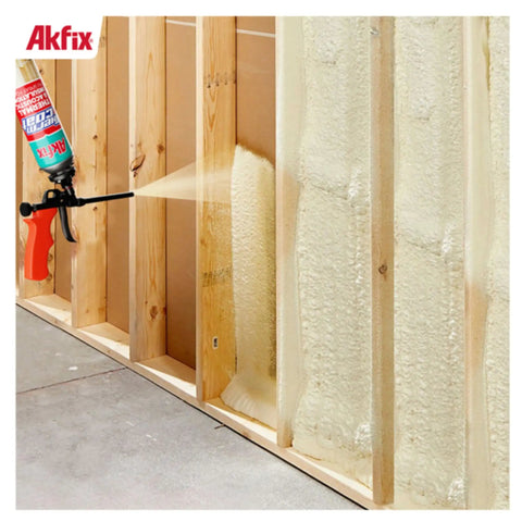 Heavy Duty Class A Fire Rated Spray Foam Insulation Kit applied to wooden framework for gap filling and insulation.