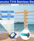 50 Pack Cable Railing Protector Sleeves For One Eighth Inch Deck Railing System Black Hardware For Wood Posts Stainless Steel Marine Grade T316 Anti Rust Durable Build Made To Stand Up To Indoor Or Outdoor Coastal Use image featuring T316 stainless steel composition chart and deck.