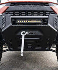Front view of Polaris Ranger XP 1000 with UTV Winch Mounting Plate For Polaris Ranger XP 1000 3500 To 5000 Lb Winches Heavy Duty Three Sixteenth Inch Steel Black Powder Coat Finish Dual Bolt Pattern Setup Easy Bolt On Installation Rugged Off Road Use installed.