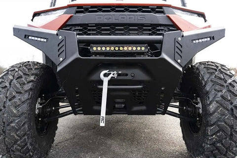 Front view of Polaris Ranger XP 1000 with UTV Winch Mounting Plate For Polaris Ranger XP 1000 3500 To 5000 Lb Winches Heavy Duty Three Sixteenth Inch Steel Black Powder Coat Finish Dual Bolt Pattern Setup Easy Bolt On Installation Rugged Off Road Use installed.