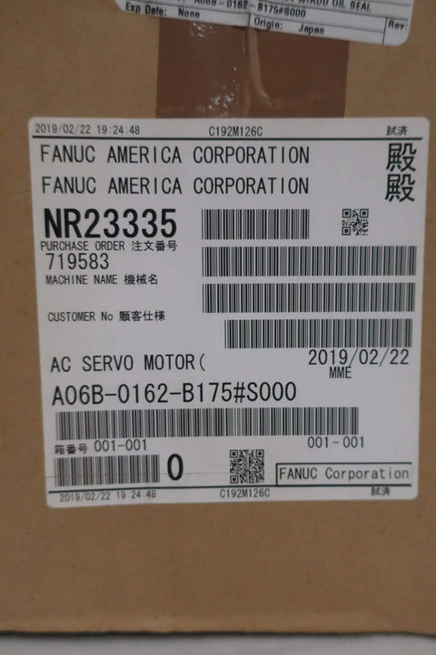 Beefy 144V Servo Motor 1.4KW 3000 RPM For Industrial CNC Machines And Robotic Drives High Torque Servo Motor With Precise Control And Smooth Performance For Tough Production Environments And Precision Automation. FANUC AC servo motor label on shipping box