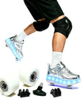 Upgrade Your Rides With Fresh Replacement Wheels For 2 In 1 Roller Skates Featuring Sick ABEC 5 Bearings This Complete Repair Kit Comes With Cover Plates And Tool Perfect For Kids Who Want A Smooth Roll Indoors Or Outside. Showing silver roller shoes with light-up wheels, replacement parts, and a tool for easy repair.
