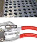 Heavy Duty Hand Held Hole Punch Kit For Sheet Metal From Three Thirty Second Inch To Nine Thirty Second Inch With Wire Strippers shown with punched sheet metal.