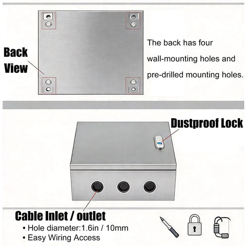 IP55 Weatherproof Junction Box Enclosure For Outdoor Electrical Cables All Weather Tough As Nails 24 In High 8 In Wide 30 In Long With Removable Mounting Plate Stainless Steel Cabinet Dust Seal And Water Drainage For PV Network And Industrial Use, back view