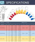 210Pcs Insulated Ring Terminals Kit For 22 16GA To 12 10AWG Wires, Eyelet Sizes 8 and 10, shown in red, blue, and yellow with specifications.