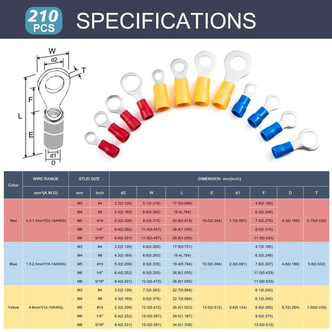 210Pcs Insulated Ring Terminals Kit For 22 16GA To 12 10AWG Wires, Eyelet Sizes 8 and 10, shown in red, blue, and yellow with specifications.
