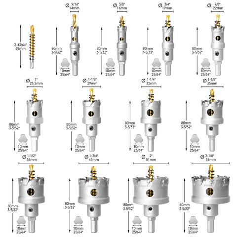 Heavy Duty Tungsten Carbide Hole Saw Kit With Stainless Steel Shank, set of 13 sizes for precision cutting wood and metal.