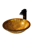 USZWBY Bathroom Vessel Sink Vanity Tempered Glass Vessel Bowl Sink Round Countertop Sink Bowl Above Counter Sink Art Basin with Waterfall Faucet Pop Up Drain in gold color with black faucet