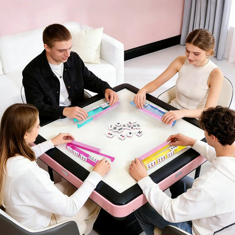 People playing with Two In One Non Slip Mahjong Racks With Pushers 4 Pack Clear Acrylic Pink Gift Set at a table