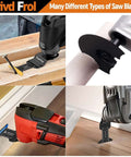 Trivd Frol oscillating saw blades kit; four-view collage showing front layout, side view on tool, close-up blade, and installed blade.