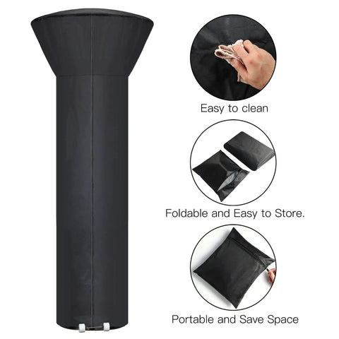 Heavy Duty Patio Heater Cover With Zipper And Storage Bag Waterproof Dustproof Wind Resistant Snow Resistant Sunlight Resistant Weatherproof All Weather Protection Black 89 Inch Tall Dome 33 Inch Base shown upright with cleaning and storage features