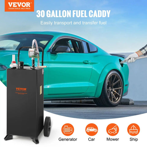 Portable 30 Gallon Gas Caddy With Two Wheels And Manual Transfer Pump For Diesel And Gasoline Fuel Storage Tank Grab N Go