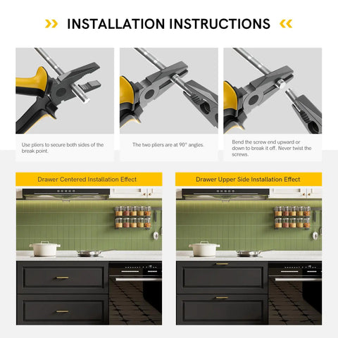 Gold 5 Inch Center Cabinet Pulls Square Drawer Handles Slick Zinc Alloy Hardware For Cupboards And Kitchen Cabinets 10 Pack With Brushed Brass Finish Safe Rounded Corners Easy Installation 128mm Hole Center installation guide with drawer placement suggestions and plier instructions.